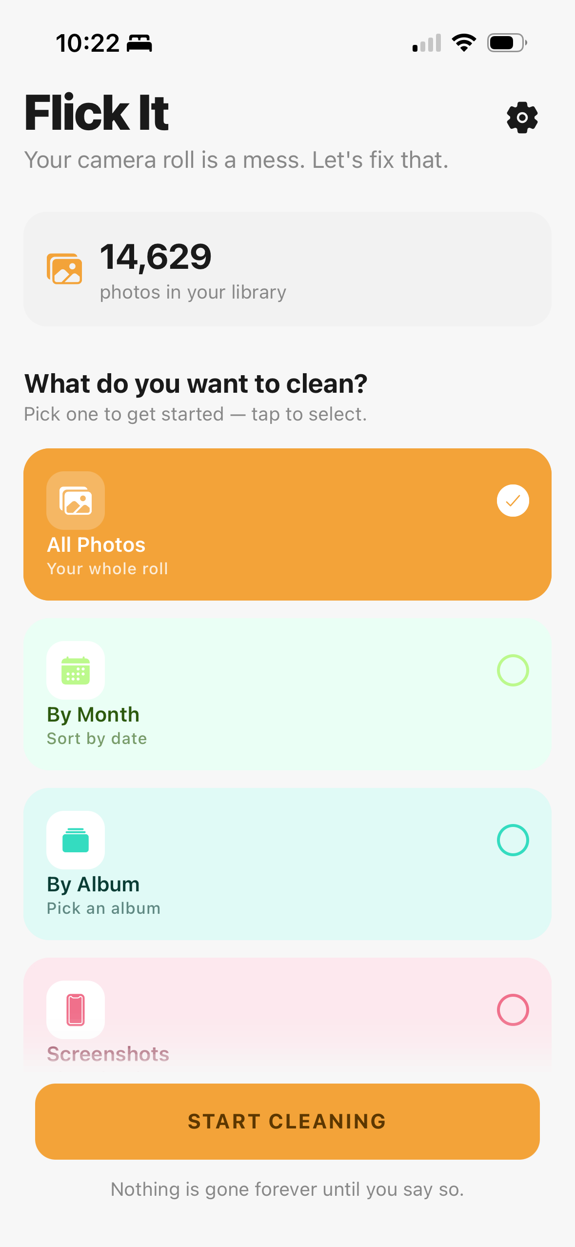 Flick It home screen showing 14,610 photos and cleaning modes